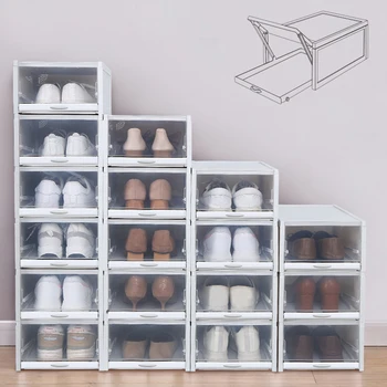 1 / 3шт двутактов стелажи за кутии за обувки, пластмасов Прозрачен сгъваем органайзер за обувки, штабелируемые кутии за съхранение, кутии, стойка за спортни обувки