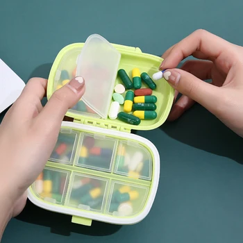 1 бр. мини кутия за лекарства с 8 мрежи, преносима пылезащитная запечатани малка кутия за лекарства, разделени кутия за съхранение таблетки