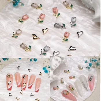 10 бр., Луксозни метални цветя лалета, кристали за дизайн на ноктите под формата на любов, 3D окачване за нокти, бижута и изделия от цирконий, маникюр, аксесоари за нокти DIY