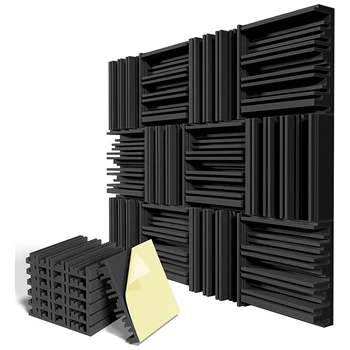12 опаковки, самозалепващи звукоизоляционных пяна дъски и панели 12x12x2 инча, акустична пяна панел за звукоизолация на стени, черен