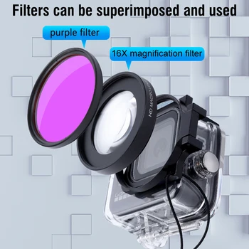16X Макро водоустойчив филтър за GoPro 11 10 9 8 черно оригинален потопяема филтър фуксия + капак на обектива + аксесоар за екшън камери
