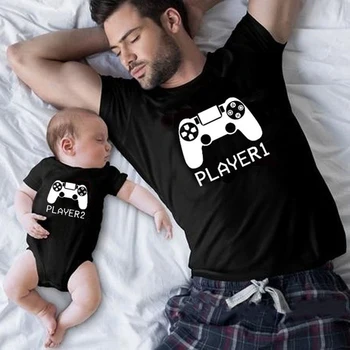 1бр играч 1 Играч 2 е Забавна тениска в стила на отца и сина, лятна тениска с къс ръкав за татко, детско боди, е един и същ дрехи за семейството