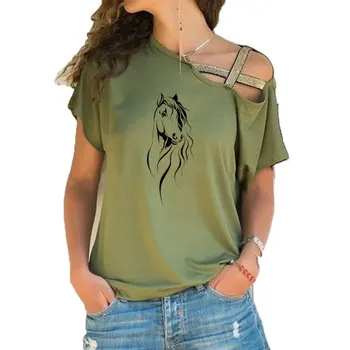 2020 Новата женска тениска, красива тениска с конете главата, подарък за влюбени, тениска с изображение на животни, нередовен коса кръст, облекло, блузи, тениски