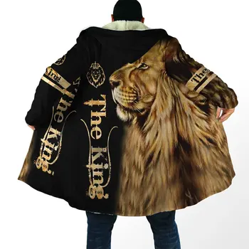 2021 Зимния моден мъжки дъждобран Love Animal лъв 3D печат Дебел, мек вълнен плат палто с качулка, Унисекс Ежедневни топло наметало палто DP12