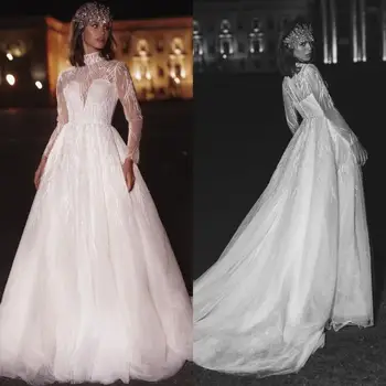 2021 Сватбени рокли с висока яка, дантелени апликации от мъниста, сватбени рокли с дълъг ръкав на сватбена рокля копчета отзад, Vestidos De Новия