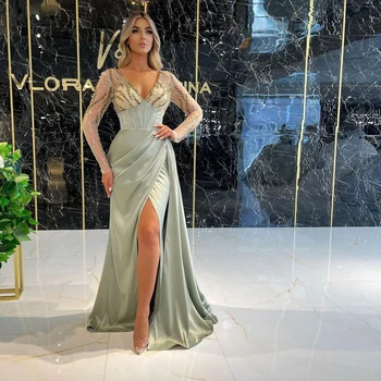 2022 Вечерни рокли на Русалка, луксозни сатенени рокли с цепка и V-образно деколте, по-големи размери, дамски елегантни рокли за абитуриентски бал с висока талия