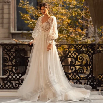 2022 Сватбени рокли принцеса от тюл трапецовидна форма с кружевными апликации и пищни ръкави, рокля на булката Robe Mariee De Plus