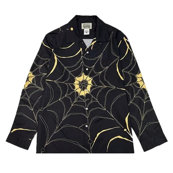 2023, есенни блузи с дълъг ръкав и принтом под формата на паяжина, мъжки и женски, хавайски однобортная черно-бяла риза WACKO MARIA, свободна тениска