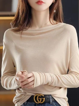 2023, Пролетно-Есенна Секси Тениска с деколте лодка, Дамски Памучен тениска в корейски стил с дълъг ръкав, Ежедневни Разтеглив Женс