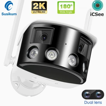 2K 4MP двухобъективная 180 ° WIFI камера външна iCSee приложение цветно нощно виждане откриване на човек безжична IP камера за защита на сигурността на