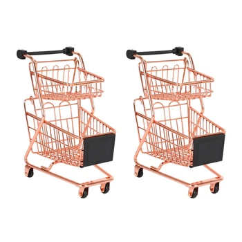 2X мини двупластова модел кошница за пазаруване, ковано желязо количка за супермаркет, метална кошница за багаж от розово злато, розово злато