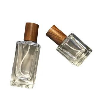 30 мл 50 мл преносим квадратен флакон-спрей за парфюм от прозрачно стъкло с дървен капак, е козметична опаковки, флакони с дебело дъно, за еднократна употреба, 5 бр.