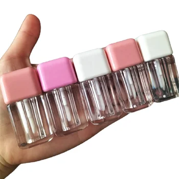 4 мл мини-квадрат прозрачна пластмасова тръба за блясък за устни, розово-червена капачка, преносима козметична опаковка бутилка, Празен контейнер за блясък за устни, 100 бр.