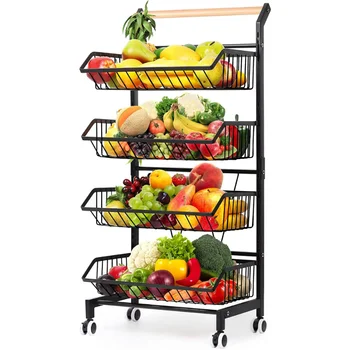 4-степенна кошница за съхранение на плодове и зеленчуци, количка количка с дръжка и колела, черно кухненски островен плот