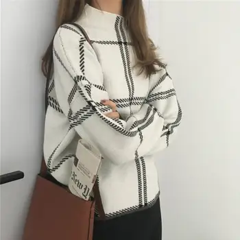 60% Директна доставка!!Жена корейски кариран пуловер, универсален пуловер с висока воротом, проста свободна блуза