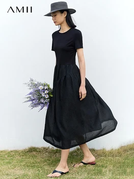 AMII Минимализъм, френски рокли за жени, 2023, нови летни офис дамски ежедневни рокли в стил мозайка с кръгло деколте, дълги обикновена черна рокля 12322131
