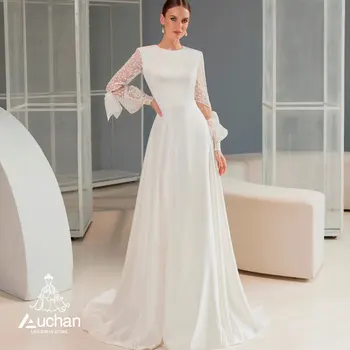 Auchan Lisa Бяла вечерна рокля за абитуриентски бал с кръгло деколте, дължина до пода, дълъг ръкав, летни елегантни сватбени рокли за парти за жени 2023