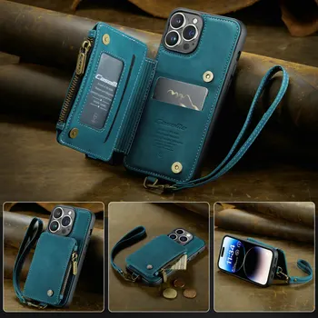 CaseMe калъф за iPhone 13 Pro Max 12 Mini 11 X Xs 10 7 8 Plus Кожен калъф-чанта в стил ретро с цип със стойка за iPhone 13 Pro Max