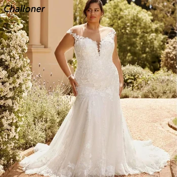 Challoner, големи размери, елегантни сватбени рокли на Русалка с V-образно деколте, без ръкави, дантелени апликации, тюлевые сватбени рокли с ниска облегалка, Robe De Mariée