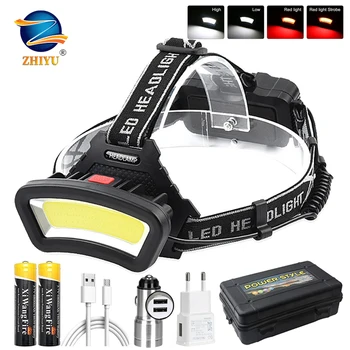 COB led широкоъгълен налобный фенер, USB акумулаторна светлината на прожекторите, 2 * акумулаторни 18650 главоболие, лампа за къмпинг, на открито, риболов фенер