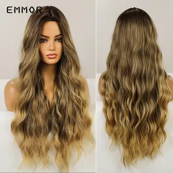 Emmor Синтетични перука с дълга средна част от вълнообразни коса, за жени, пухкав кестен мед перука, cosplay, натурални вълнообразни топлоустойчива перуки