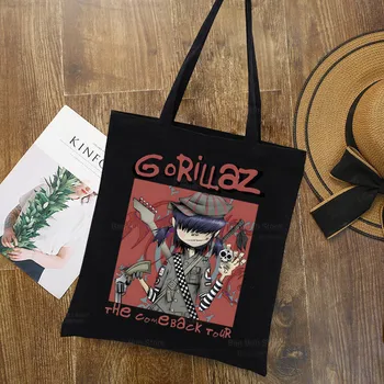 Gorillaz, мультяшная съвременната музикална група, голяма дамска чанта за пазаруване, холщовая чанта-тоут, чанти през рамо, пазарска чанта, чанта от черен плат, еко