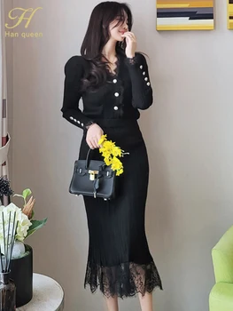 H Han Queen Корейски комплект от 2 теми, женски трикотажное отдолу рокля, изработена дантела черно однобортный костюм с пола-русалочкой