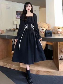 HOUZHOU Елегантна винтажное черна рокля с бандажным квадратна яка до средата на прасците 2023, пролетни рокли с дълги ръкави, шик корейски модерен хавлия