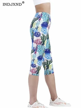 INDJXND Летни гамаши женски Капри с висока талия за упражнения Дамски еластични тънки дишащи панталони с флорални принтом