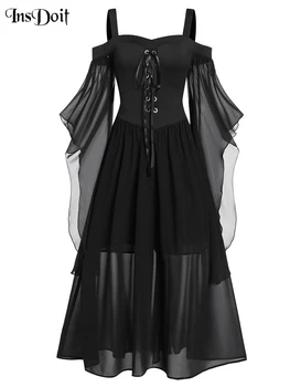 InsDoit Готическа шифоновое Секси черна рокля миди с ръкав 