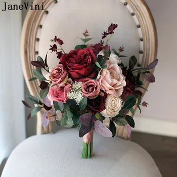 JaneVini Реколта бордо цветя Тъмно-червен сватбен букет Розови рози на Изкуствени цветя на булката Букет на булката Брак