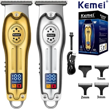 Kemei Професионален тример за коса, безжични акумулаторни ножици, електрически комплект за подстригване на коса, самобръсначка за оформяне на брада, с LCD дисплей за мъже