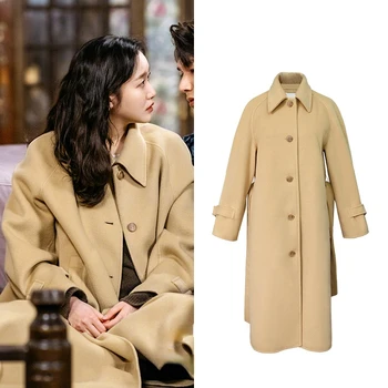 Kpop корейска драма, есенно-зимно дамско палто, вълнена, модно дамско дълго однобортное палто, свободни обикновена топли елегантни смес
