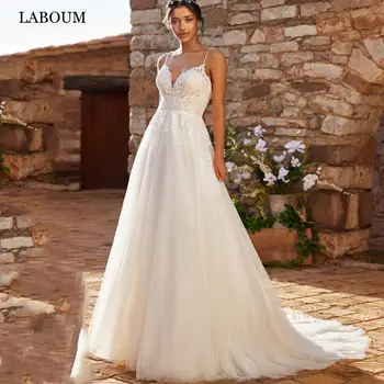 LaBoum Сватбени рокли трапецовидна форма с тънки спагети презрамки за жени, дантелени апликации булчинска рокля с отворен гръб, обичай, Robe De Mariée