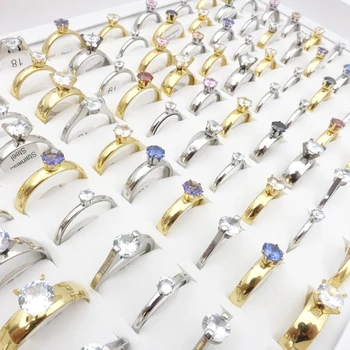 MIXMAX 100 бр. пръстени от неръждаема стомана за жени, златен, сребърен цвят, с шипове, с циркониевым камък, модно бижу пръстен с кутия