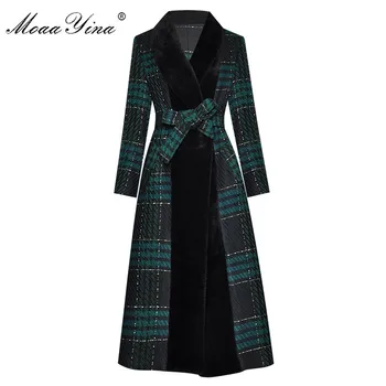 MoaaYina/ модни дизайнерски ветровка за подиум, кожа яка, дълъг ръкав, клетчатая плат, дантела, водене жив топло, удобно ветровка, палто