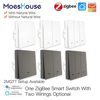 MOES Sasha ZigBee умен ключа за лампата, без да неутрален проводник без кондензатора Smart Life 2/3 Way работи с Алекса Google Home