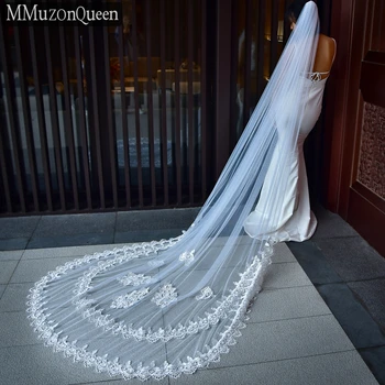 MZA48 3-метрови сватба воал, с дантелен кант, бяла лейси мантилья, Соборная булчински воал с гребен, бели сватбени аксесоари