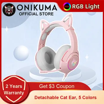 ONIKUMA K9 Розови Слушалки с Кошачьими Уши Led RGB Гъвкав Микрофон Детска Слушалки 7.1 Обемни Компютърни Слушалки за PC Gamer