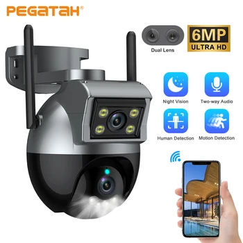 PEGATAH 6MP Двухобъективная PTZ Камера Външно Автоматично Следене на PTZ Wifi Камера за Видеонаблюдение Двупосочна Аудио Цветна Нощен IP Камера