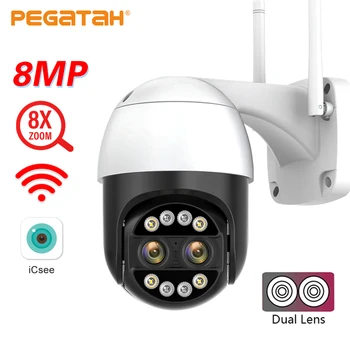 PEGATAH 8MP 4K PTZ IP Камера 8x Zoom 2,8 + 12 мм с два Обектива на Открито за Нощно Виждане Автоматично Следене на P2P за Видеонаблюдение Камера, Wifi