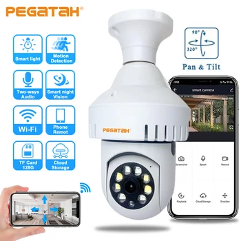 PEGATAH Детектор за дим, крушка, Wi-Fi камера за нощно виждане, пълноцветен, автоматично проследяване, видео, безжична камера за домашно наблюдение