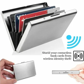 RFID блокиране на метален тънък портфейл от неръждаема стомана, кутия за съхранение, защита от сканиране, бизнес-кутия за кредитни карти, калъф за бижута, органайзер