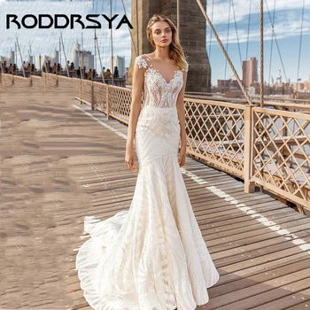 RODDRSYA Секси сватбена рокля на русалка с V-образно деколте и отворен гръб елегантна рокля без ръкави на спагети презрамки Trouwjurk, романтична апликация за булката