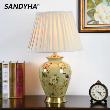 SANDYHA Ретро керамична настолна лампа с цвете и птица, модерна светодиодна настолна лампа за прикроватной нощни шкафчета в спалнята, нощно осветление в кабинета, тела за дома