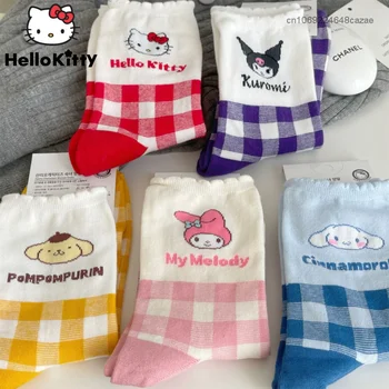Sanrio, сладки чорапи Hello Kitty, комплект от 5 теми, мультяшные студентски меки дишащи чорапи със средна дължина Y2k, женски корейски, японски чорапи Kawaii