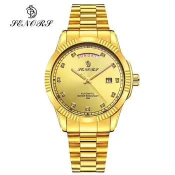 SENORS Луксозни мъжки автоматично механични часовници с двойно календар, бизнес златни часовници relogio masculino, мъжки ръчен часовник
