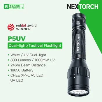 Акумулаторна батерия led тактически фенер Nextorch P5UV, бял / UV с двойно осветление, 800 лумена / 1000 Mw с дължина на вълната 365 нм, с батерия 18650