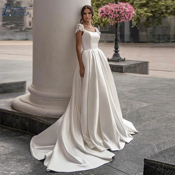 Атласное сватбена рокля трапецовидна форма с флорални принтом и ръкав-капором за жени, елегантна сватбена рокля с влак и джобове, Vestido De Новия за по индивидуална заявка