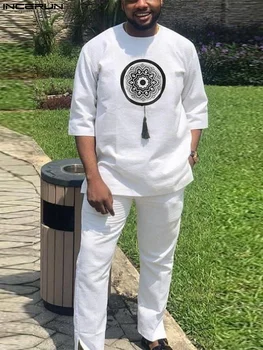 Африкански мъжки комплекти, мюсюлмански прост 2023, нов случайни бял памук със средния ръкав, пролетно-есенен костюм в национален стил, двойка